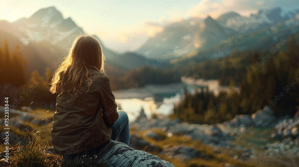 A girl sits on a rock and looks at the mountains in the background.