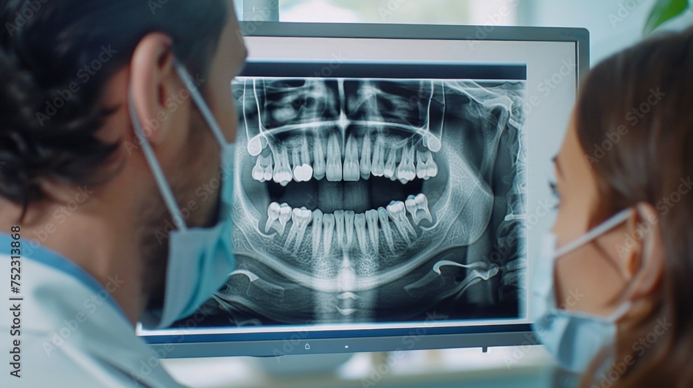 A dentist showcases an X-ray of a patient's teeth to them, pointing out areas of concern and discussing treatment options. The clear and detailed X-ray on the monitor serves, AI Generative - obrazy, fototapety, plakaty 