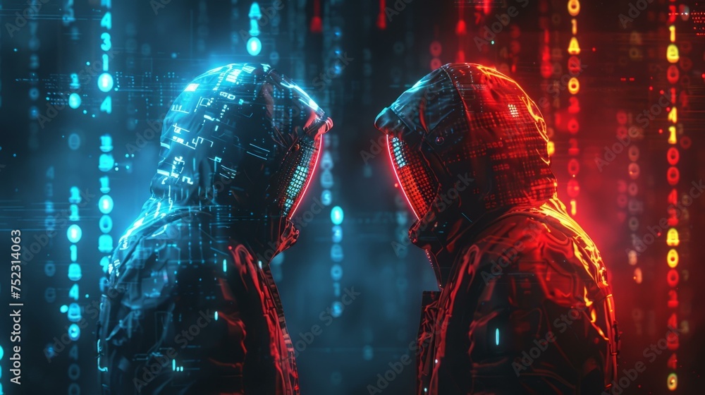 A high-tech, intense scene featuring blue and red teams in hacker-like attire, defending a network against a breach, encryption algorithms and glowing lines in the dark background, AI Generative - obrazy, fototapety, plakaty 