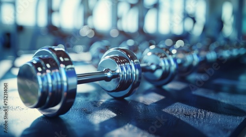 A dynamic, high-resolution image of shiny chrome dumbbells arranged on a sleek black rubber mat in a well-lit modern gym. The composition emphasizes the equipment's readiness for , AI Generative photo