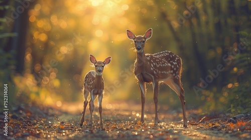 A fawn and its hind quietly navigating the forest trails of North Wisconsin, the soft hues of dawn casting a warm glow over the scene, AI Generative photo