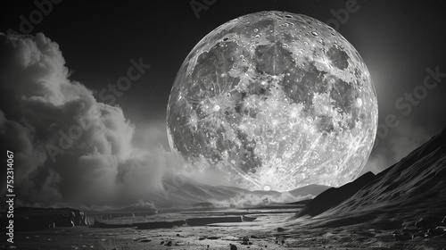 Black and white landscape photo with a supermoon  photo
