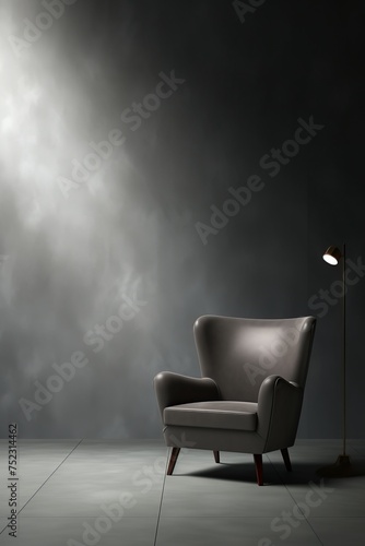 Dark leather chair on black elegant grunge wall texture vertical background, quiet luxury concept
