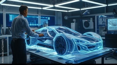 A scene of an electric car developer analyzing an advanced holographic display of a car model, AI Generative