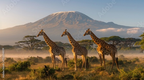 A trio of giraffes, with the imposing Mount Kilimanjaro rising behind, AI Generative