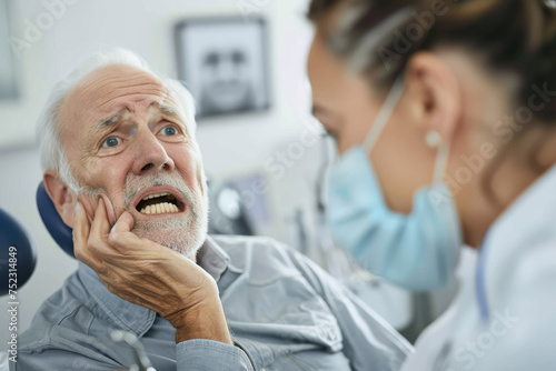 Senior man complaining about toothache to his dentist at dentist's office