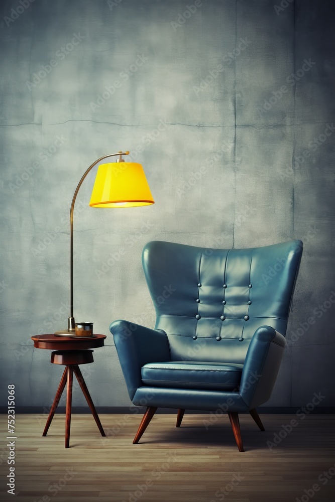Fototapeta premium Blue leather chair on dark elegant grunge wall texture vertical background, quiet luxury concept