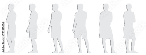 Vector concept conceptual gray paper cut silhouette of a young man in  shorts standing from different perspectives isolated on white background.  A metaphor for sport, fitness,  health and wellness