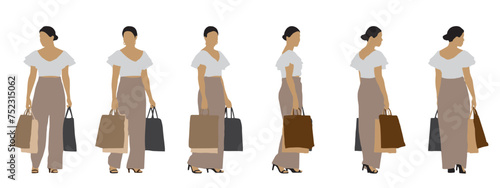 Vector concept conceptual silhouette of a woman holding shopping bags from different perspectives isolated on white background. A metaphor for shopping, business, leisure  and lifestyle