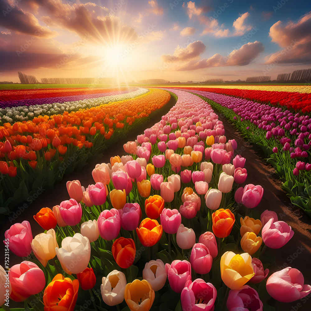A Field of Tulips in Different Colors