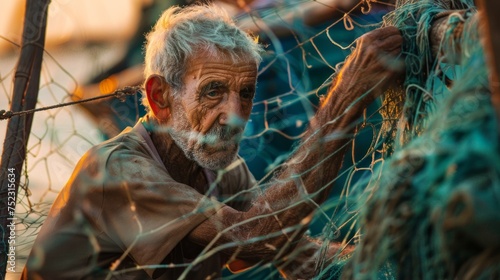 An old fisherman repairing nets by the seaside at dawn, capturing the textures and emotion, AI Generative