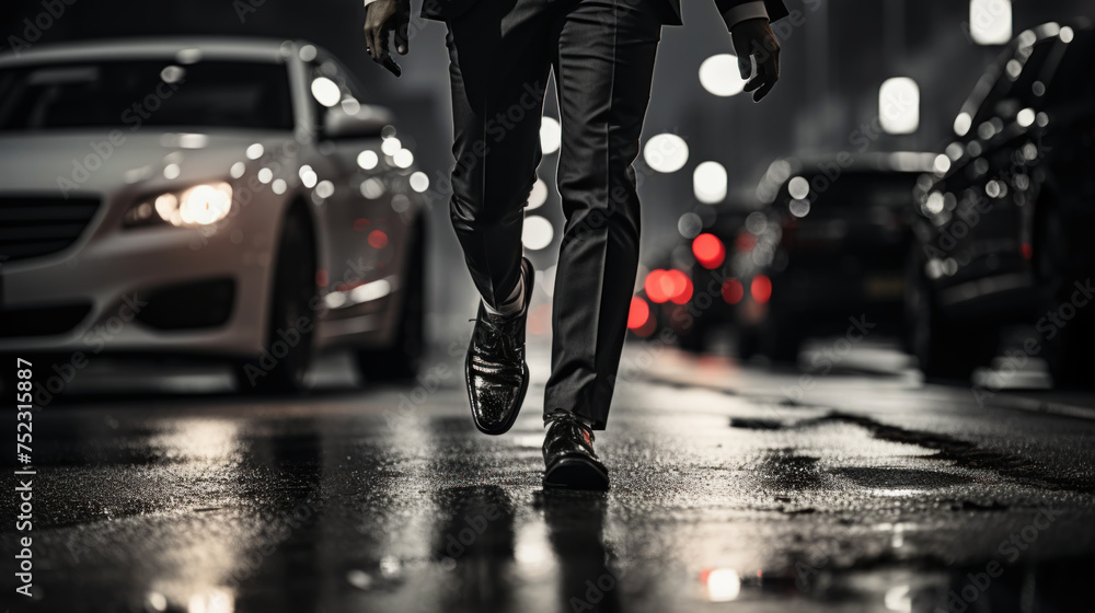 Obraz premium Street photo of the feet of a businessman walking down the road. Perfect dynamic action composition. Generative AI
