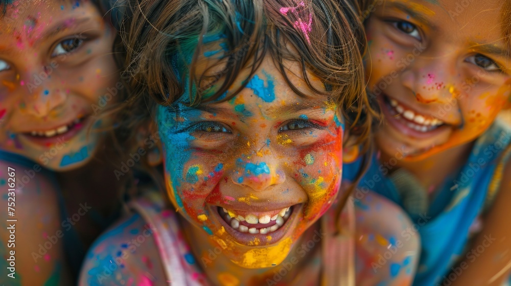 Children playing Holi, close-up on joyful faces covered in color, AI Generative