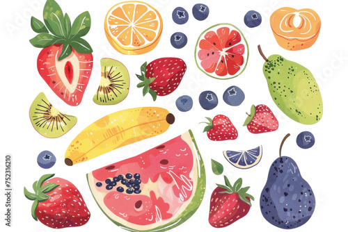 A seamless pattern of a fresh and healthy collection of fruits and berries including apple  orange  strawberry  banana  lemon  pineapple  kiwi  pear  watermelon  cherry  and melon  isolated on white
