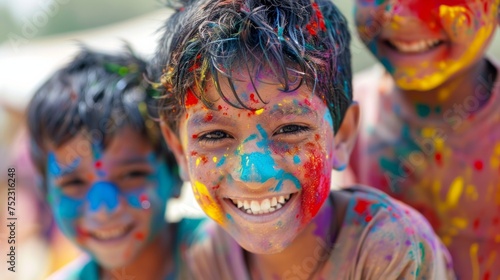 Children playing Holi, close-up on joyful faces covered in color, AI Generative