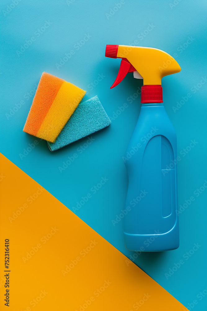 Cleaning spray, sponge and rubber on a colorful background. Spring cleaning, creative background. Cleaning and sanitizing home. Eco-friendly cleaning products. Cleaning spray, sponge and rubber on a colorful background. Spring cleaning, creative background. Cleaning and sanitizing home. Eco-friendly cleaning products.