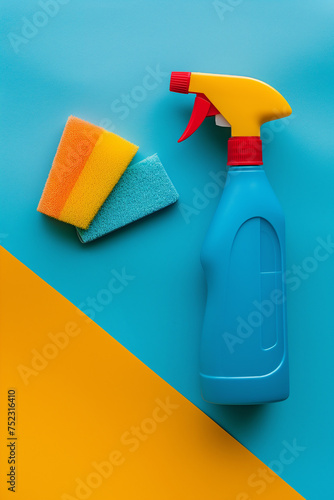 Cleaning spray, sponge and rubber on a colorful background. Spring cleaning, creative background. Cleaning and sanitizing home. Eco-friendly cleaning products.