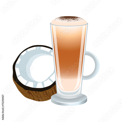 Coconut latte with froth milk vector illustration. Latte with coconut icon vector isolated on a white background. Coffee in a tall glass with a handle graphic design element