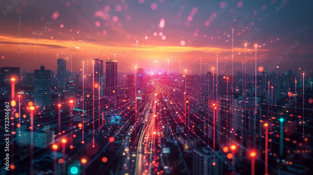 Fototapeta premium Digital marketing technology concept visualized, a vibrant network of icons and data streams representing SEO, SMM, AI Generative