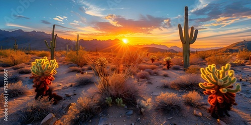 Breathtaking Desert Sunset: Long Cactus Shadows on Sandy Ground. Concept Desert Landscape, Sunset Photography, Cactus Silhouettes, Sandy Terrain, Nature's Beauty