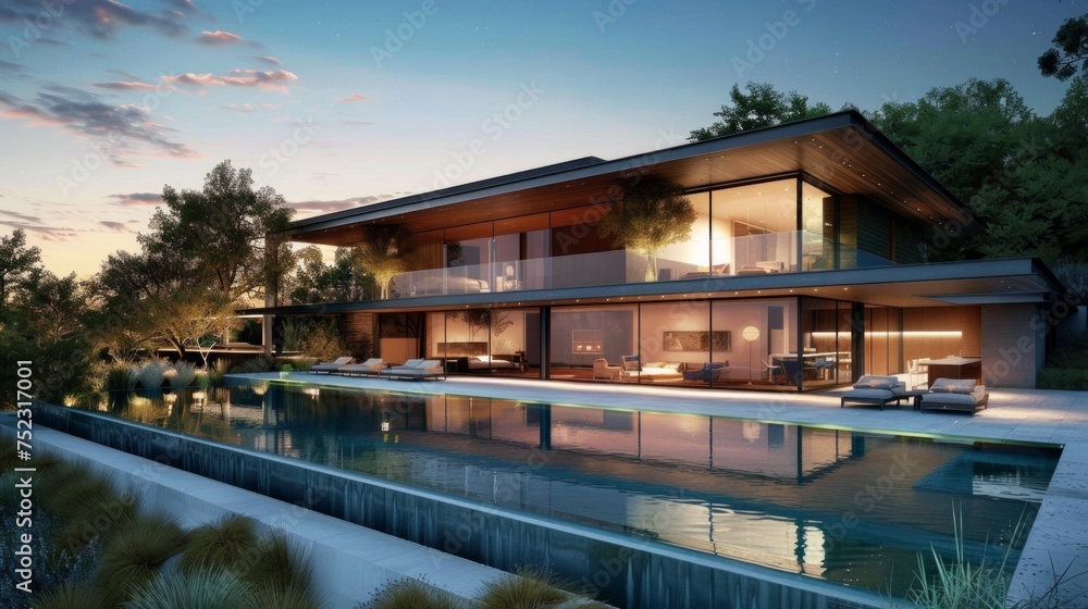 Envision a sleek, modern mansion nestled in a serene landscape, AI Generative