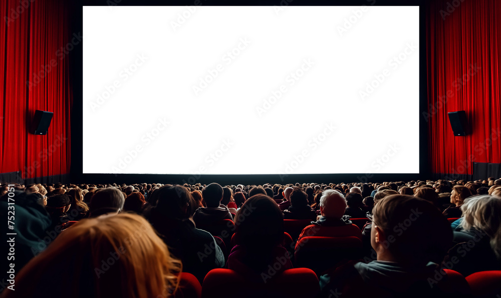 Blank cinema screen full of people watching movie