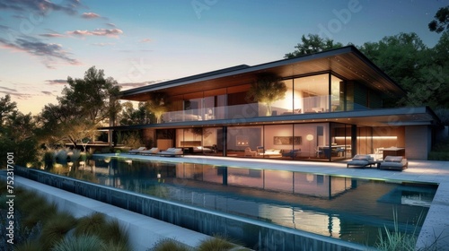Envision a sleek, modern mansion nestled in a serene landscape, AI Generative © sorapop