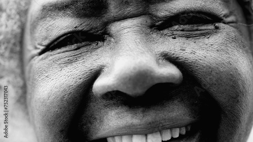 Slika na platnu One happy South American older Brazilian senior woman in 80s smiling at camera in high contrast monochromatic, black and white