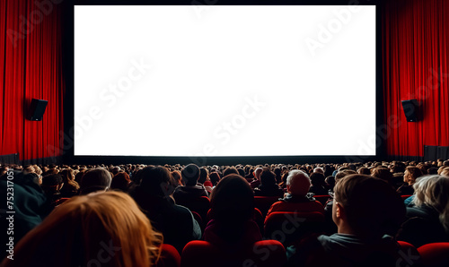 Blank cinema screen full of people watching movie