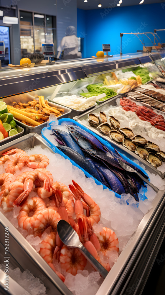 Vibrant Display of Fresh CJ Seafood Products in an Open-Top Display Fridge