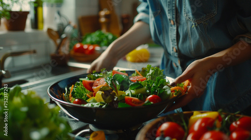 Young woman cooking in the kitchen. Housewife preparing healthy food.Fresh vegetable salad in glass bowl on table. Healthy food concept.