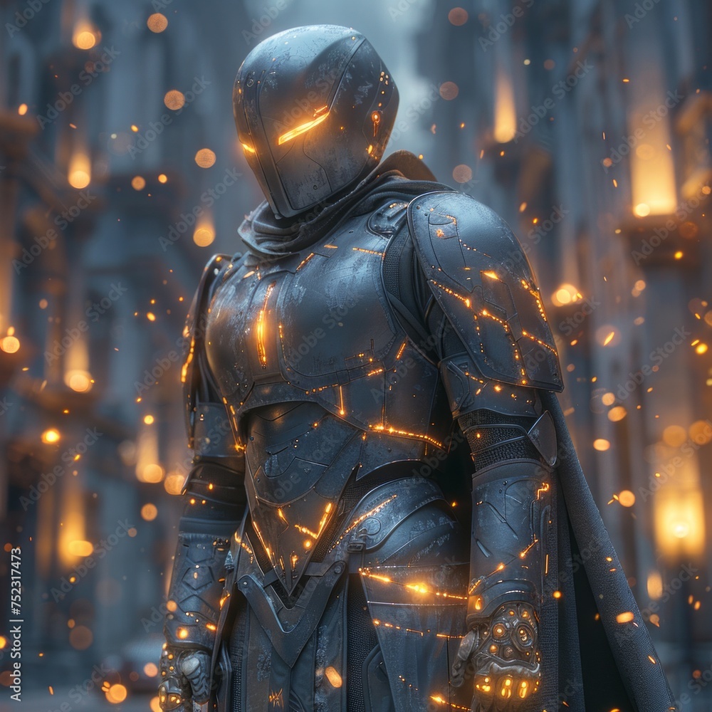 Fototapeta premium Futuristic knight in armor with glowing runes, AI Generative