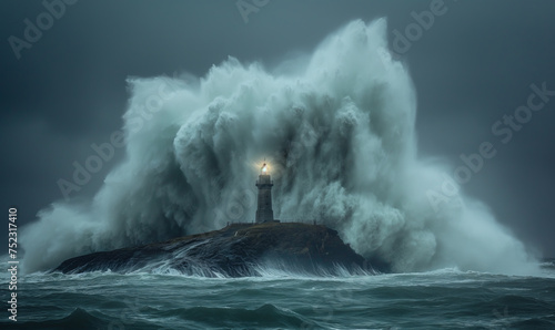 White Lighthouse in the middle of the ocean, big waves and storm around the light house, dark clouds, lighthouse sunken by ocean and sea photo