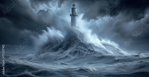 Waves crashing around lighthouse