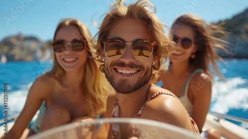 Group of friends enjoying sunny day on boat, carefree moments, vibrant, AI Generative