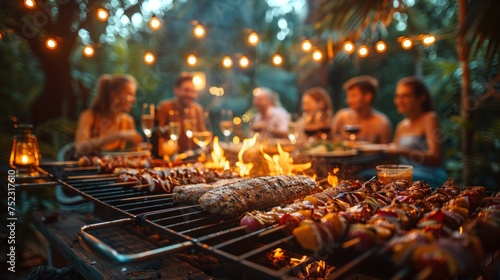 Happy family moments around a dinner table, the clinking of wine glasses against the backdrop of a barbecue, AI Generative