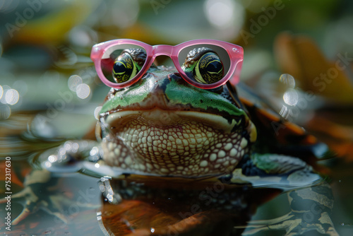 A whimsical frog sporting pink sunglasses float gracefully in a serene pond  adding a pop of color to the tranquil setting