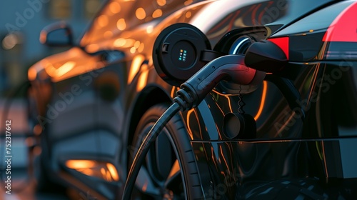 Hyper-realistic detail of a power supply cable connected to an electric vehicle at a charging station, AI Generative