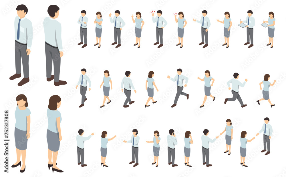 Fototapeta premium アイソメトリック人物イラスト:スーツの男女セット(夏服)