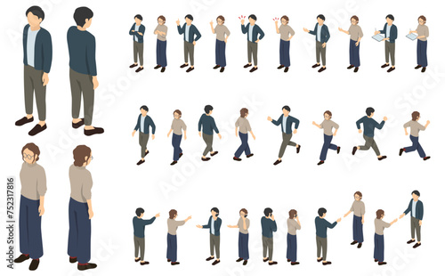 アイソメトリック人物イラスト:オフィスカジュアル男女セット