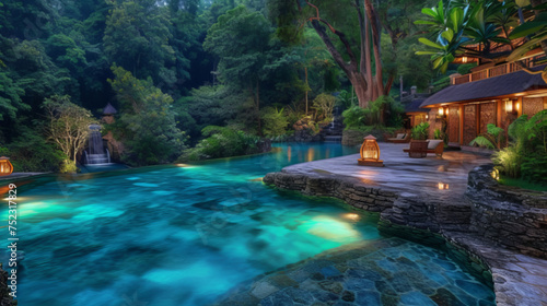 A serene tropical pool glows with underwater lights near a traditional wooden house
