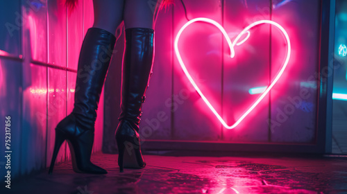 Close-up of elegant high heels against a vibrant neon heart backdrop