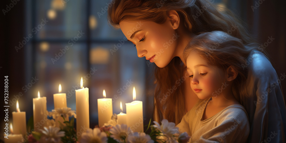 A prayer with candles and flowers, styled in the manner of Madonna and Child, creates luminous scenes. - obrazy, fototapety, plakaty 