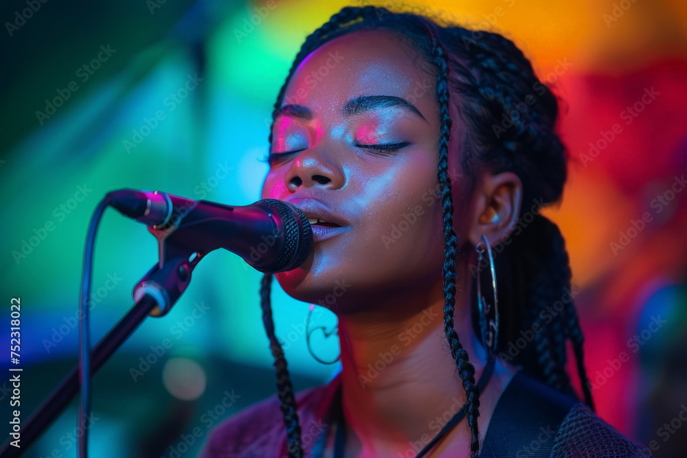 A woman with intricate braids passionately sings into a microphone, pouring her soul into the music with every note A woman with intricate braids passionately sings into a microphone, pouring her soul into the music with every note