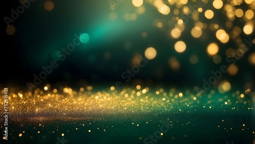 A banner background featuring an abstract blend of shimmering gold bokeh lights against a softly defocused emerald black backdrop Generative AI