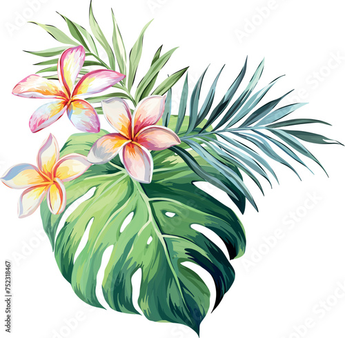 Fototapeta Naklejka Na Ścianę i Meble -  Bouquet of tropical flowers. Plumeria, monstera, palm. Jungle, exotic. Bright flowers