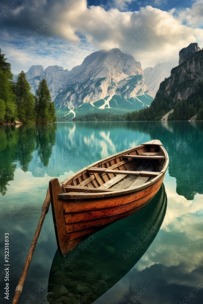 A rowboat with an image of mountains and clouds floats on a blue lake, styled in dark aquamarine and brown.