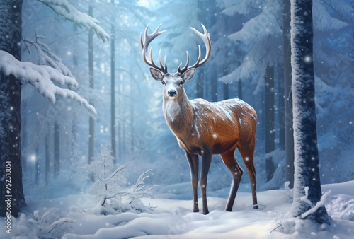 With hyper-realistic animal illustrations, a deer stands in a winter forest covered in snow. © Duka Mer