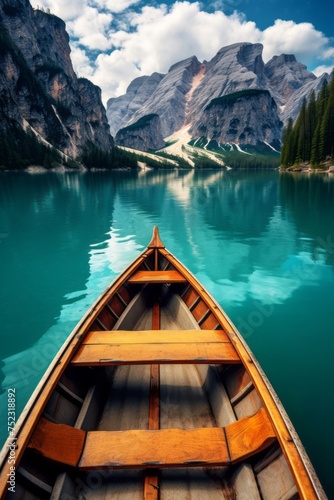 A blue lake with a boat and mountains at the end, styled in weathercore, wood, emerald and brown.