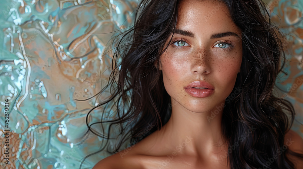 A close-up of a woman with cascading long hair, flowing in the wind, capturing a moment of serenity and beauty